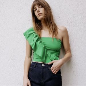 Zara Green One Shoulder Ruffle Ruched Crop Top iuu.org.tr